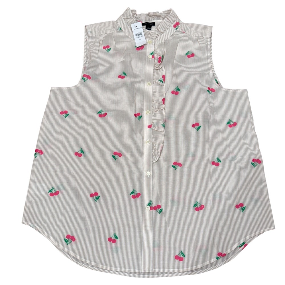 Ann‎ Taylor Cherry Print Striped Ruffle Sleeveless Cotton Top XL NWT Coastal